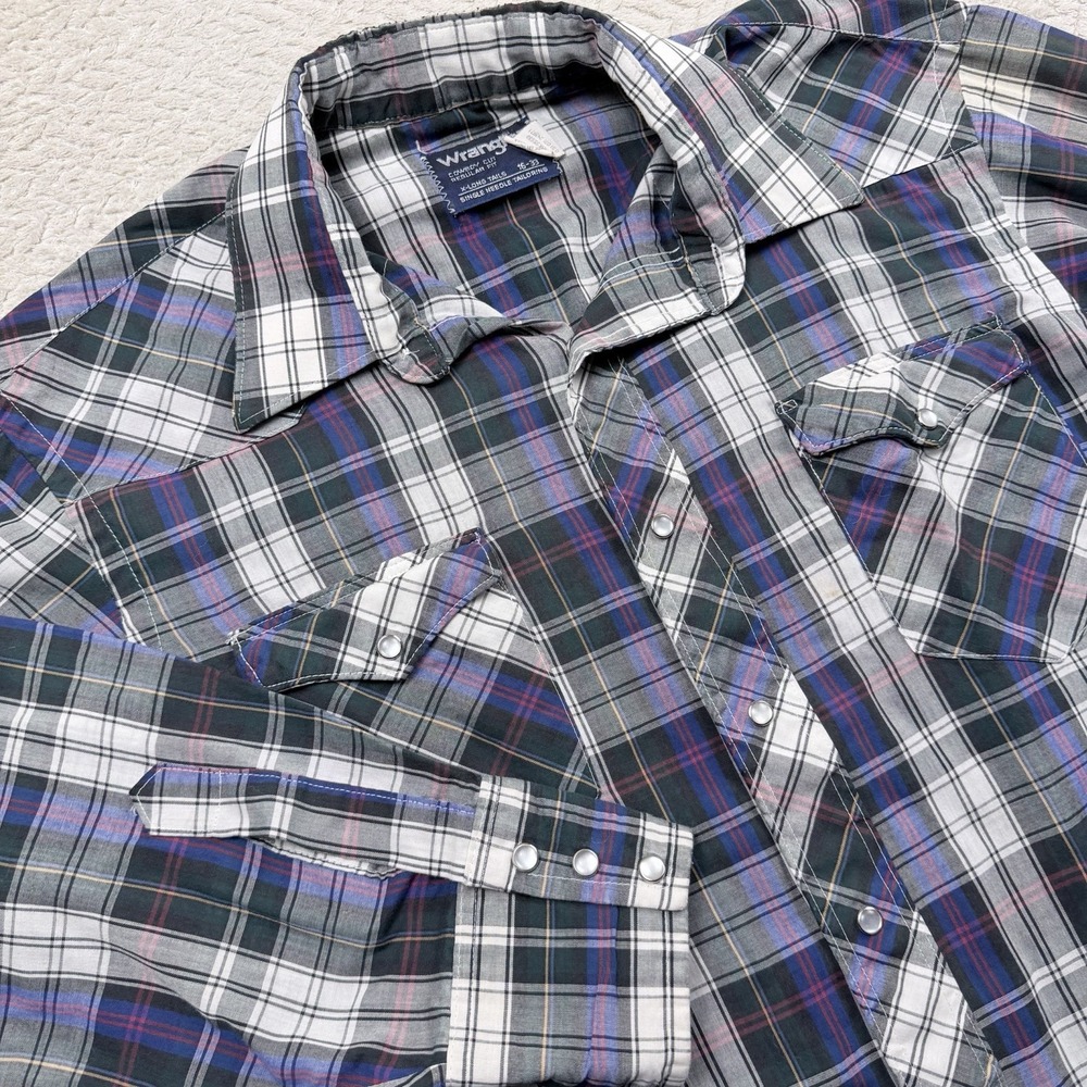 Vintage Wrangler Shirt Mens Large Blue Plaid Western Pearl Snap Cowboy Cut 16-33
